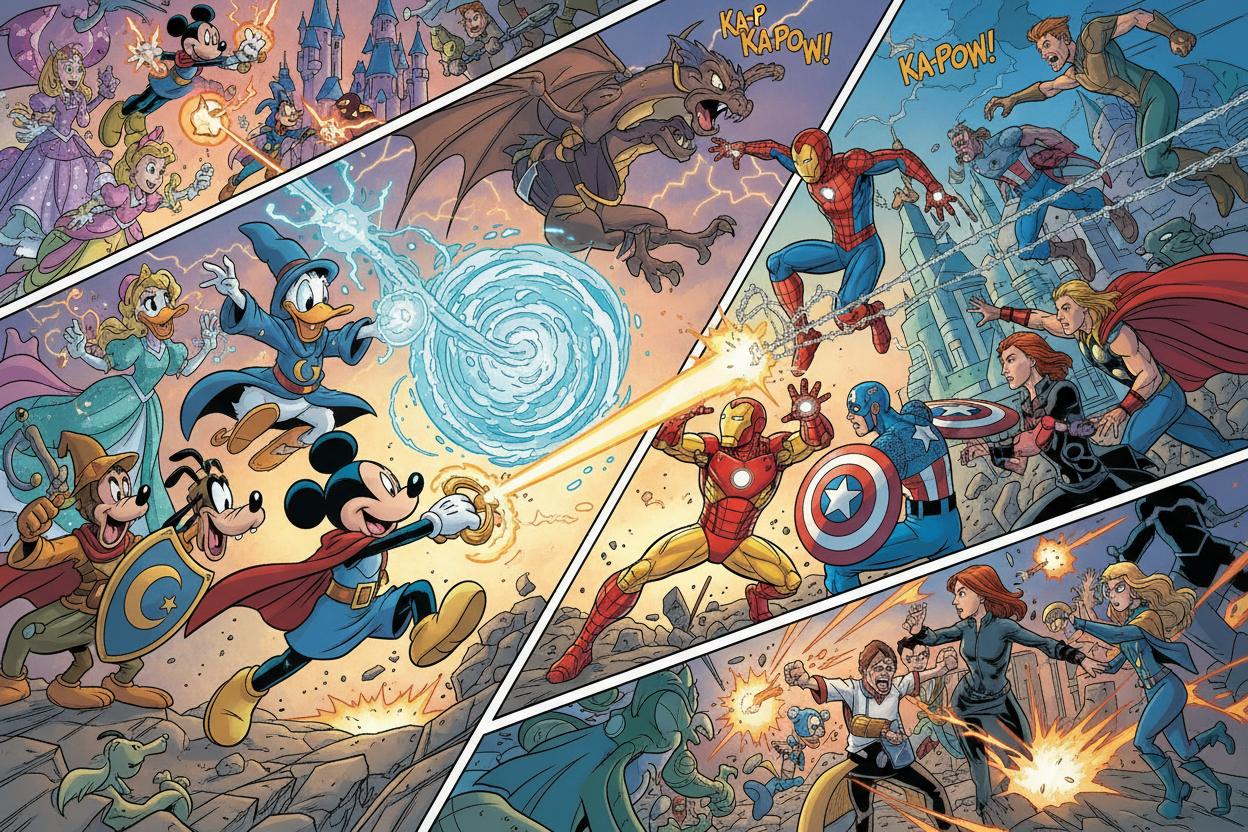 dISNEY characters fighting marvel characters