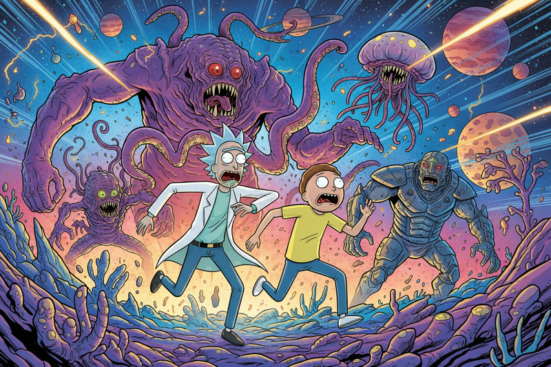Rick and Morty running from aliens