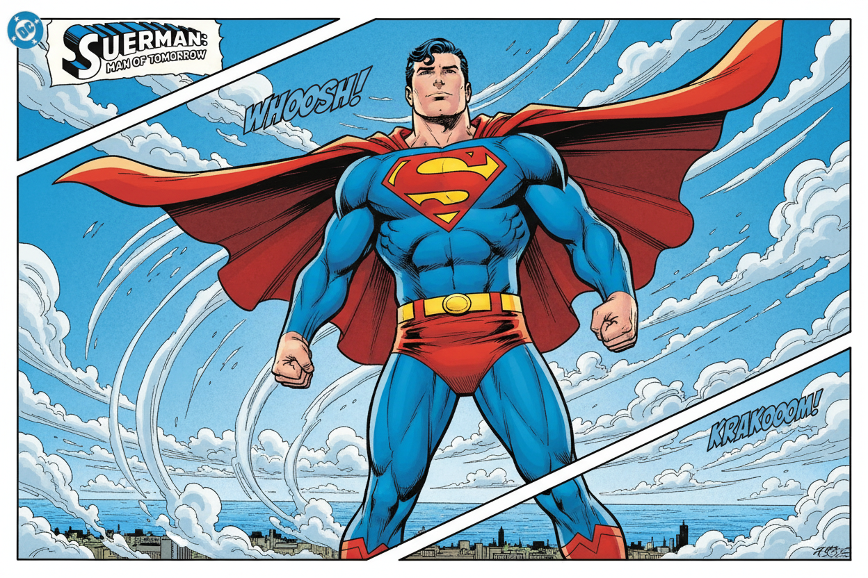 superman flying no lasers comic book style