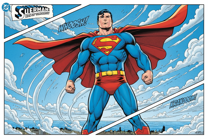 superman flying no lasers comic book style